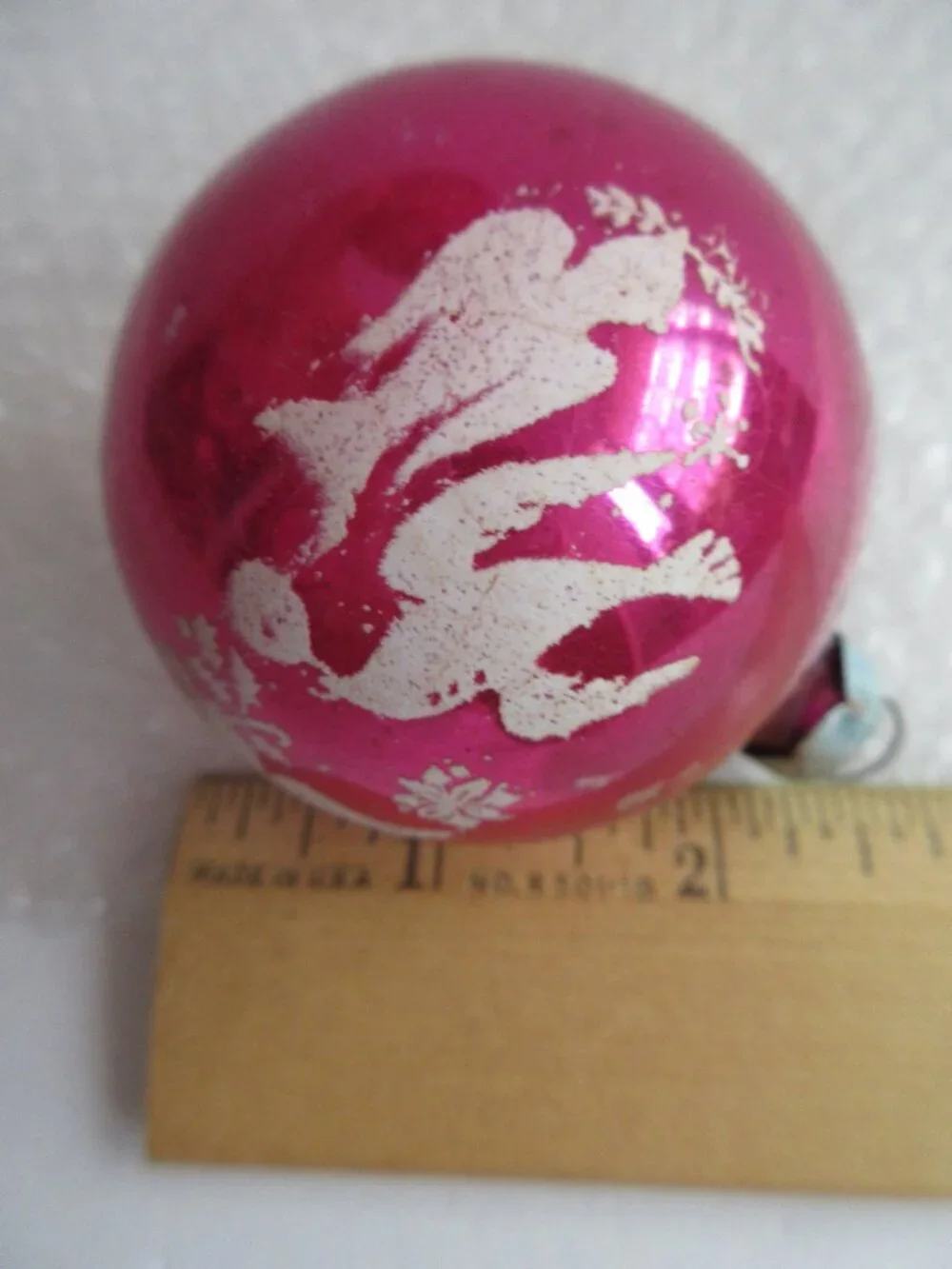 Dove Stencil Glass Christmas Ornament Lot of 2 Pink Fuschia Vtg Franke Corning?